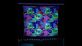 Blacklight Trippy Tapestry (Skull Mushroom Weed Theme) UV Reactive Hippie Tapestry Bedroom Decor