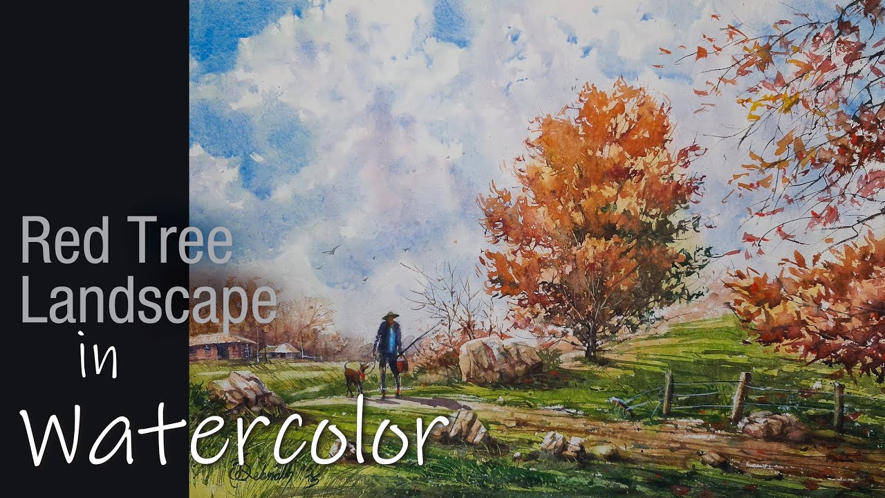 How to Paint a Red Tree Landscape with Path, Figure & Cloudy Sky in Watercolor – Step by Step