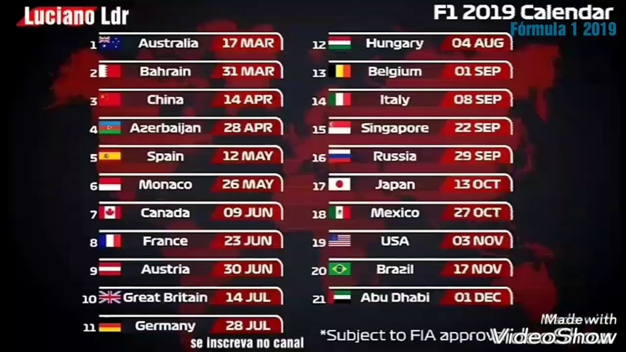 Calendario Da Formula 1 2019 Youtube calendario formula 1 2019