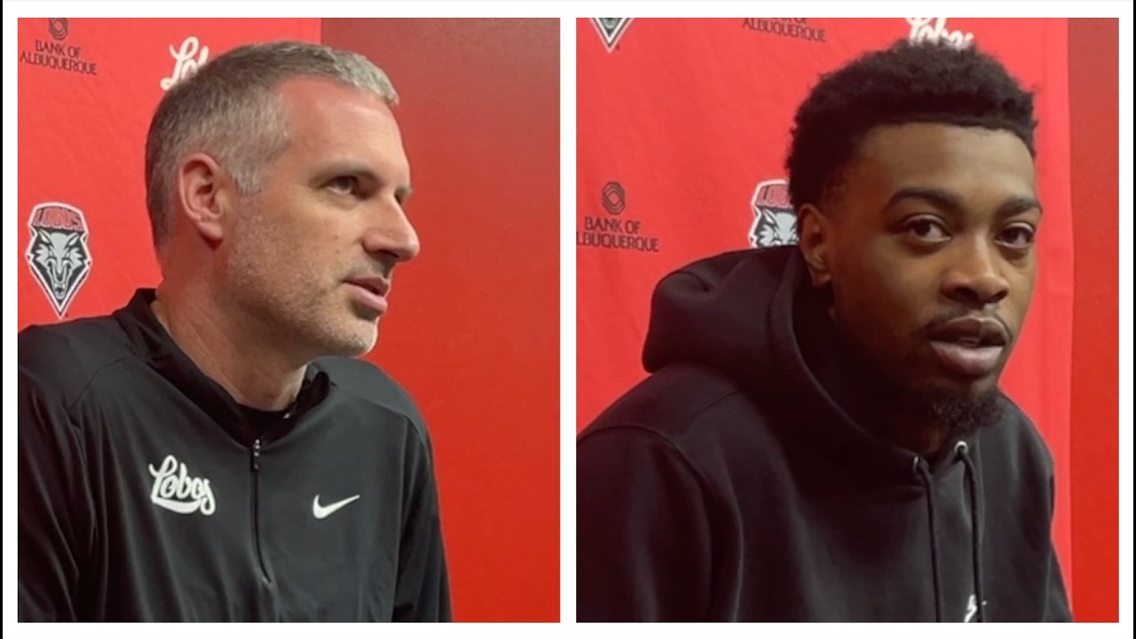 UNM Lobos coach Eric Olen and senior guard Tajavis Miller on Monday, March 9, 2026.