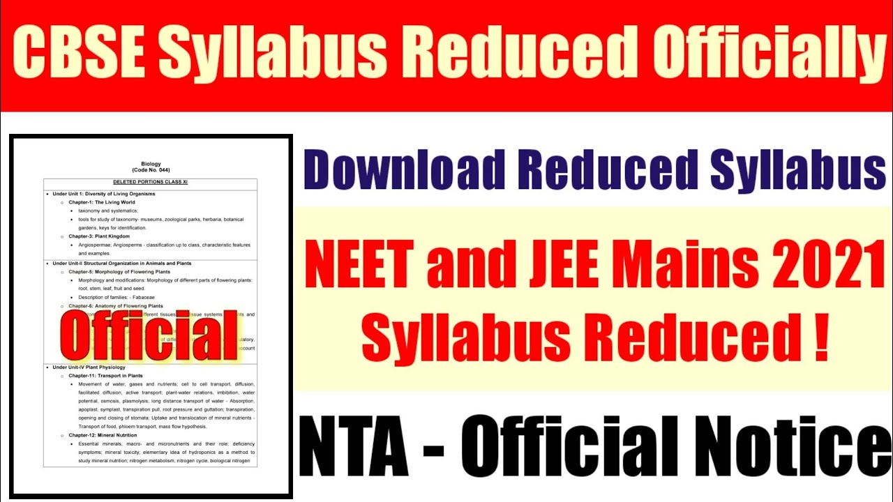 JEE Mains 2021 and NEET 2021 Reduced Syllabus Download / JEE Mains NEET CBSE syllabus reduced