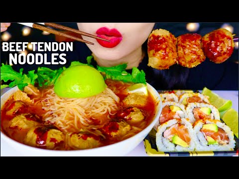 ASMR SPICY BEEF TENDON BALLS, GLASS NOODLES SOUP, SALMON AVOCADO SUSHI ROLL EATING 面 咀嚼音 | 먹방