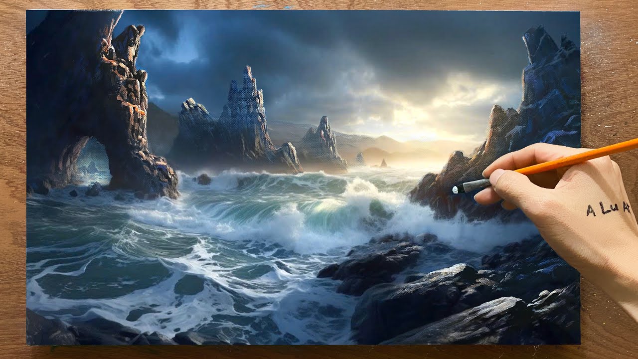 Draw a scene of waves crashing on the beach /#81/ Magnificent coastal landscape painting / A Lu Art