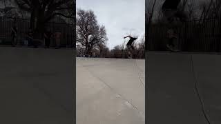Skateboarder does nollie bigspin at skatepark and hits back of head