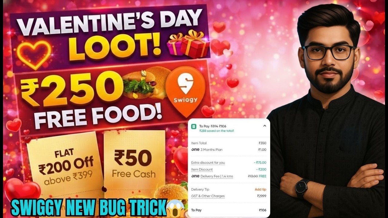 Swiggt ₹250 Free Food Order BUG Trick😍Swiggy Valentine's Day Special Scan A Heart offer😍 