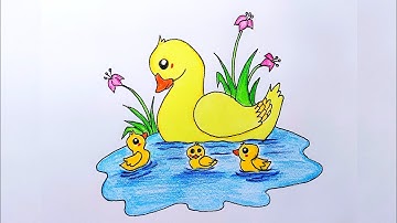 How to draw scenery of Mother duck and little ducklings swimming in the pond | Easy Drawing for Kids