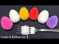 Easy Pom Pom Chicken Eggs Making Idea with Fork - DIY Woolen Crafts - How to Make Chicken Eggs
