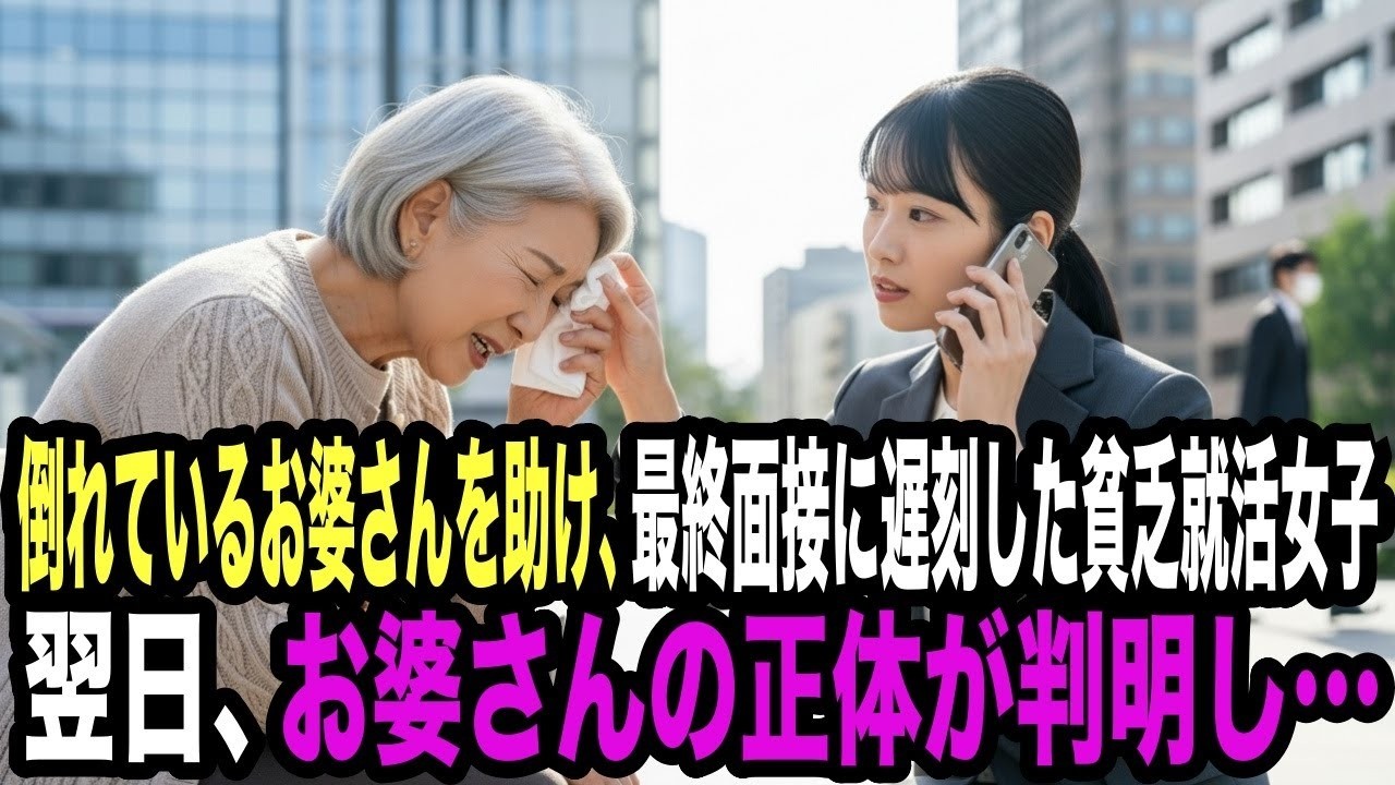 道端で倒れているお婆さんを助けた貧乏就活生。「遅刻する奴はクズ」一流企業の最終面接で面接官に罵倒されたが、翌日、お婆さんの正体が判明し…