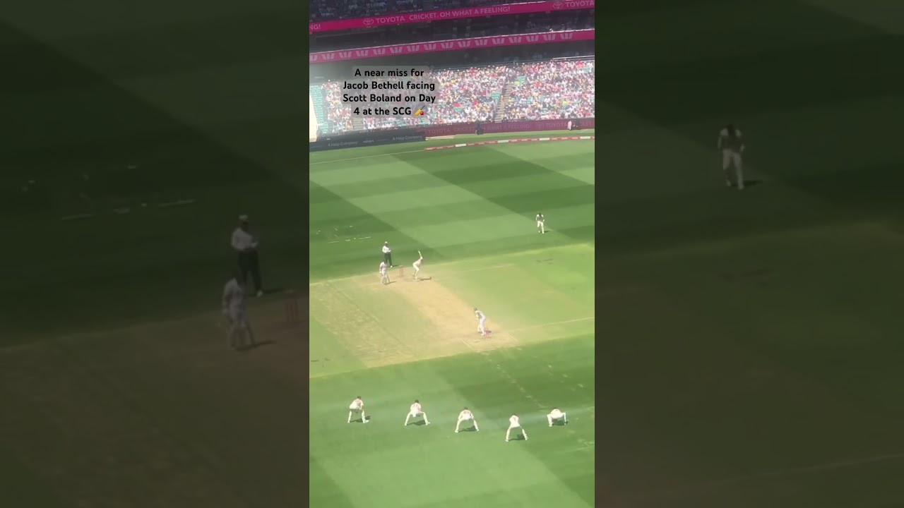 A near miss for Jacob Bethell as the ball drops just short of Steve Smith off the bowling of Boland.