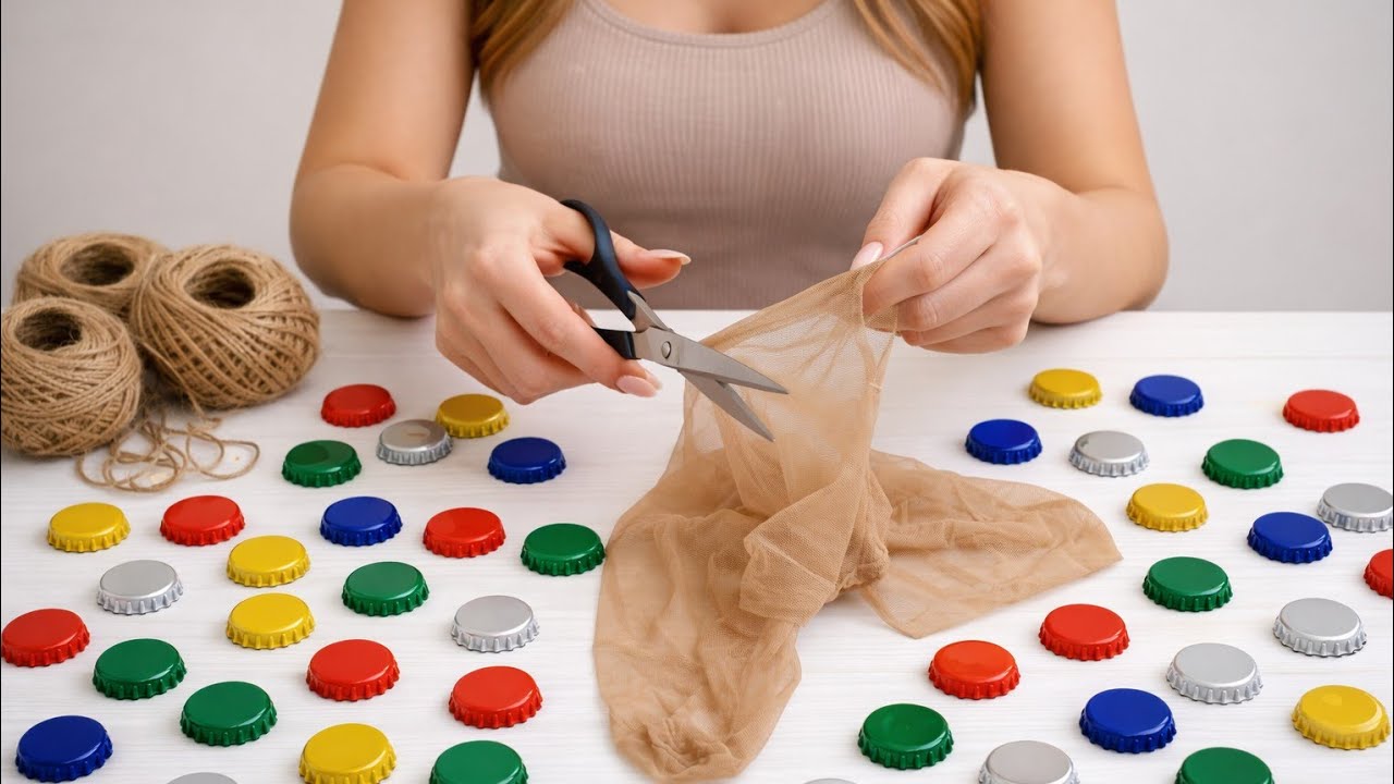 Look what I made with soda bottle caps and a women's stocking! You can do it too!! DIY IDEA ♻️🥰