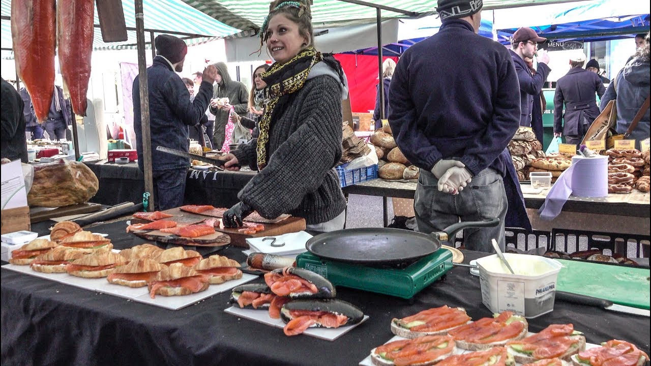 Charcoal Black Bread with Rosy Salmon and Loads More Salmon. Street Food of London
