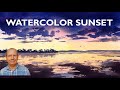 Watercolor painting of a sunset step by step. Reflections on water with sand and clouds. Watercolour