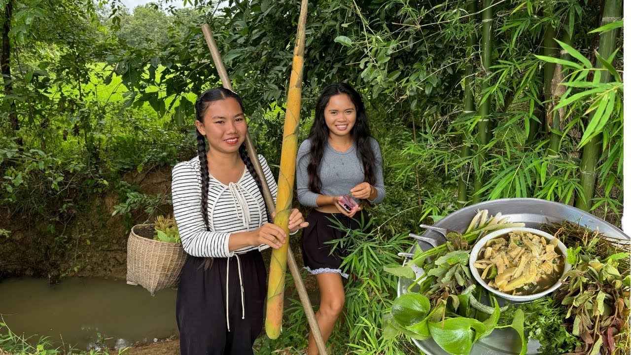 ເກັບຜັກຕາມທົ່ງນາມາກິນກັບແກງໜໍ່ໄມ້ສ້າງໄຟ🇱🇦เก็บผักรวมากินกับแกงหน่อไม้ส้างไฟ