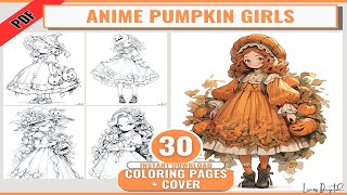 Anime Pumpkin Girls Adult Coloring Book 30 Halloween Coloring Pages,Printable PDF JPG,Grayscale screenshot 2