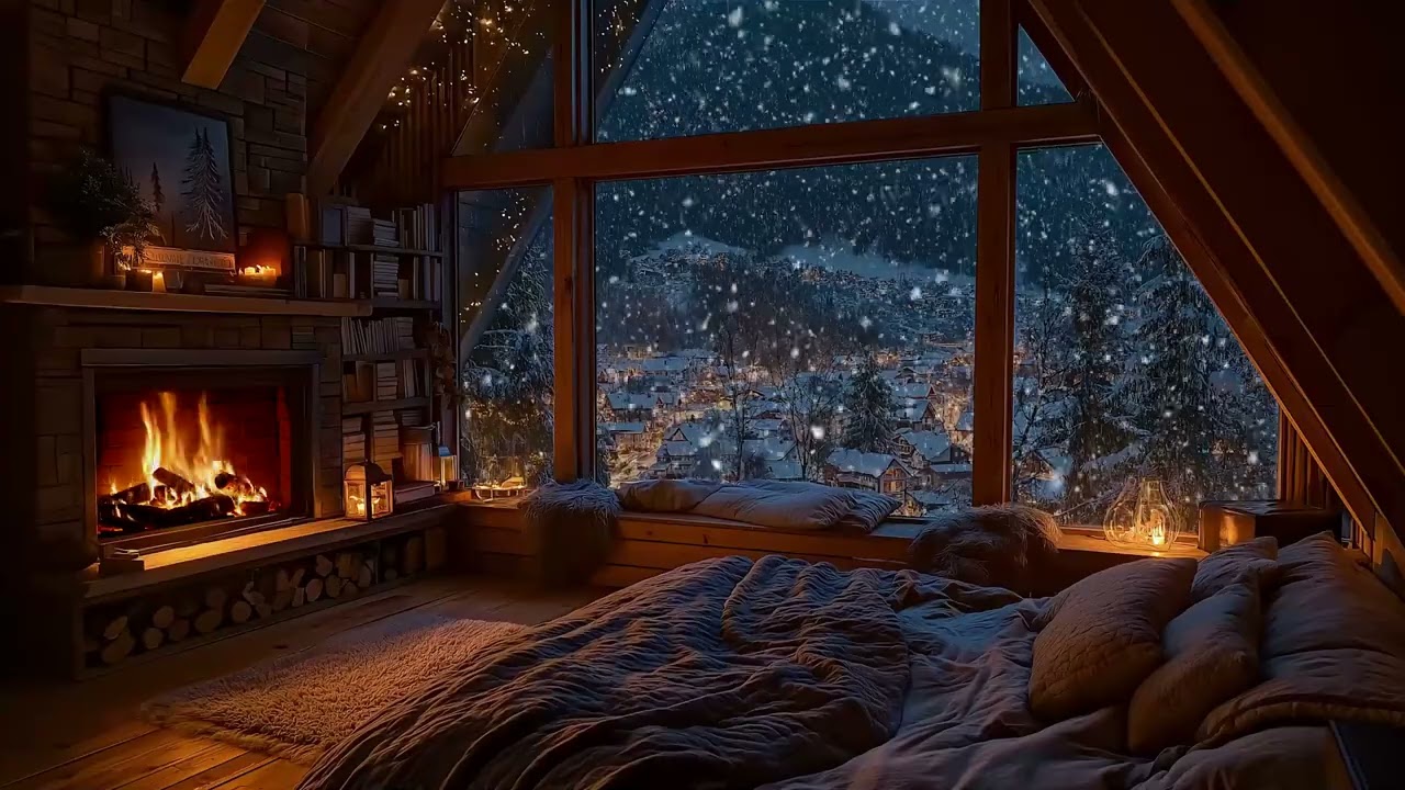 Cozy Winter Cabin Night | Fireplace Crackles & Snowfall for Sleep