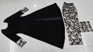 Winter Special Velvet Side Slit Dresskurti Design Cutting Sching Partywear Velvet Frock Suit