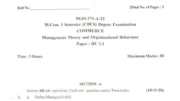 Management Theory and Organisational Behaviour Mcom Gulbarga University PG question paper 2022 CBCS