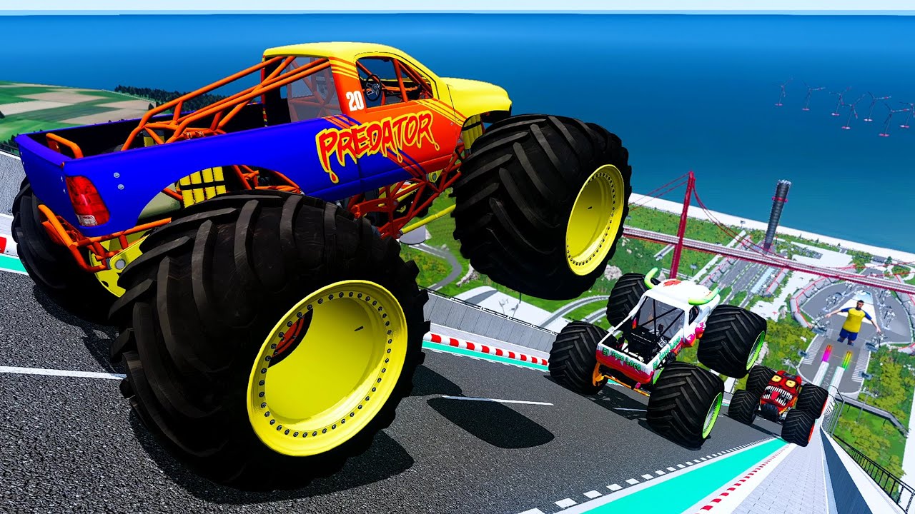 Epic High Speed monster trucks jumps & crashing 