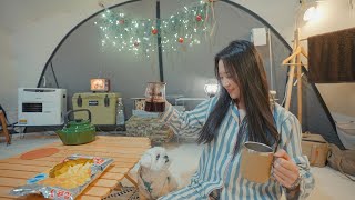 Happy Early Christmas! A great night decorating the tent with my dog🩵| | Long-term Camping Part 4