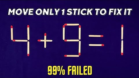 Move only 1 stick to make the equation correct | Matchstick puzzle 4+9=1
