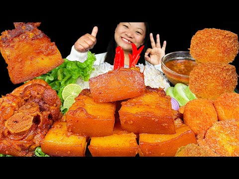 Eating Juicy Pork Curry Spicy Pork Feet Crispy Fried Eggs With Rice Mukbang Eating Show