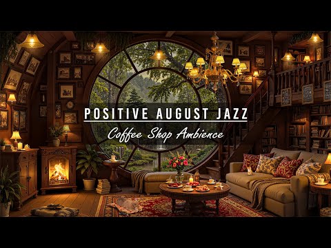 🌧️Positive August Jazz | Cozy Library Cafe Ambience with Soft Rain & Fireplace Sound for Work, Study