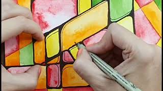 Tutorial #9 Tangle art - doodle art - dibujo sencillo sobre acuarela/How to draw an abstract artwork