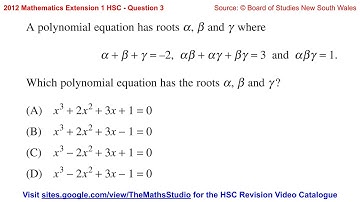 2012 Maths Extension 1 HSC Q3 Find cubic polynomial equation given sum & product of roots α, β, γ