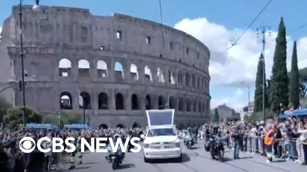 Popemobile carrying Pope Francis' coffin drives past famous landmarks of Rome