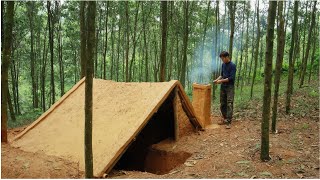 48 h Building Warm bushcraft Survival Shelter- with Fireplace Inside
