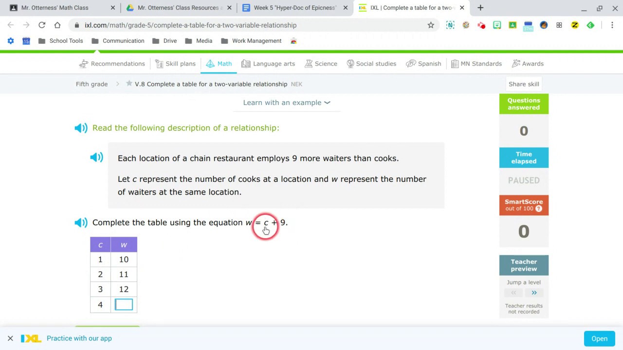 Complete a table for a two-variable relationship IXL Skill V.8 Walk ...