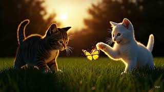 two kittens playing with a butterfly