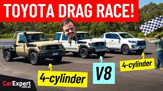 Drag race: V8 LandCruiser 70 v 4-cyl LandCruiser 70 v 4-cyl HiLux, roll race and 1/4 mile times