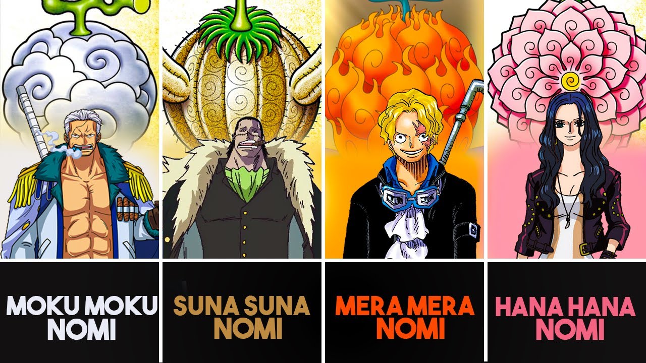 Devil Fruits, Gomu Gomu, Mera Mera, Bara Bara, Ope Ope, Ito Ito, Ushi Ushi,  text; One Piece