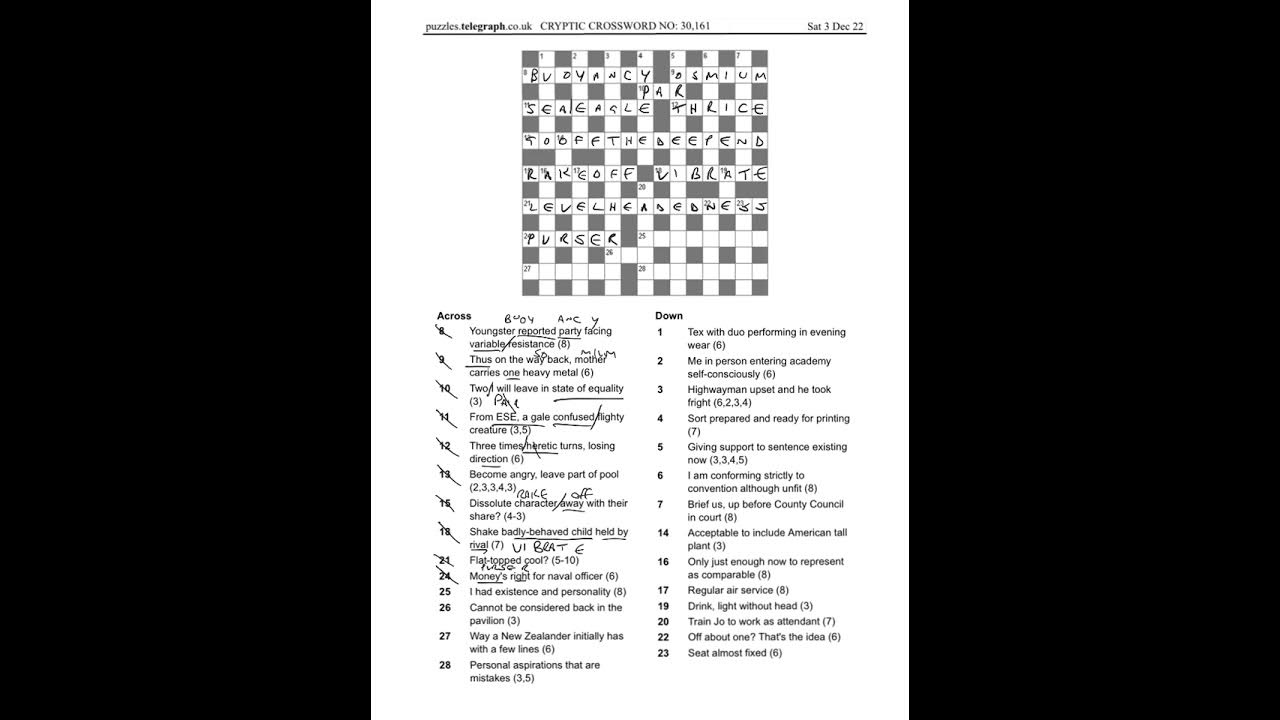 Daily telegraph prize crossword 30161 answers and walkthrough Sat 3rd  December 2022