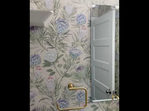 Bathroom Remodel in Englewood, Bergen County, NJ, with Striking Floral Wallpaper and Blue Vanity