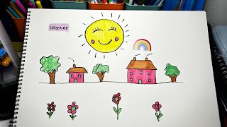 Easy drawing for kids / How to draw a small village / easy sun drawing