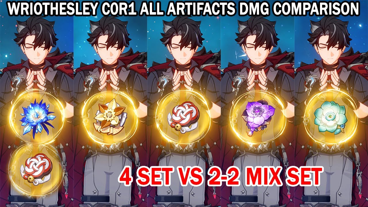 Wriothesley All Artifacts DMG Comparison - Hunter vs Shimenawa vs Vermillion vs Echoes vs Mix Set