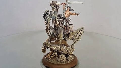 Drowned Earth miniatures painted showcase. Kaneda mounted on giant praying mantis.