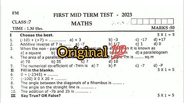 7th Maths first midterm exam original question paper 2023