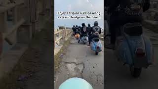 Enjoy atrip on a Vespa along a classic bridge on the beach #jepara #vespaindonesia #vespamatic #2tak