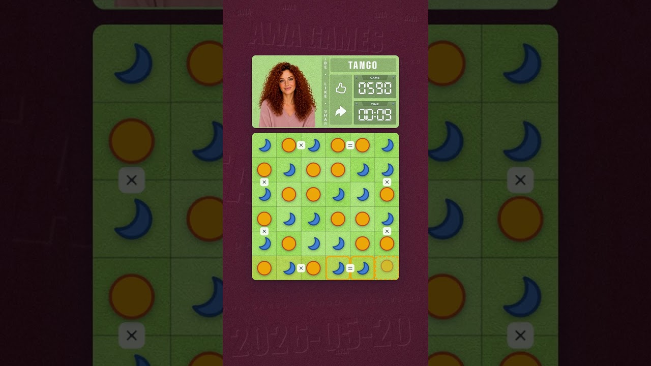 LinkedIn Tango #590 solved board for May 20, 2026, 6x6 grid