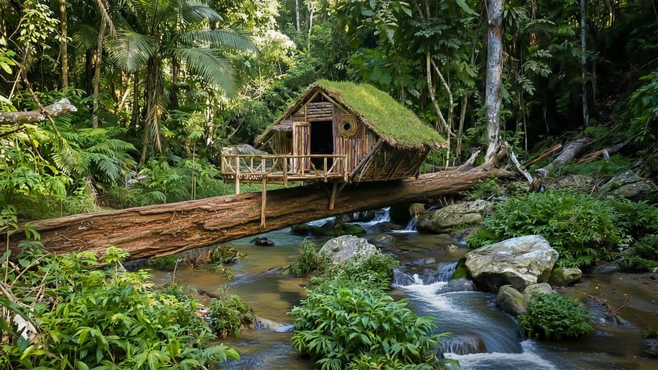 Solo Survival: 100 Days Building a Cozy Moss-Roof Hut in the Deep Forest