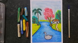 How To Draw Easy Scenery Drawing With Oil Pastel Crayons Step By Step Easy River Duck Drawing