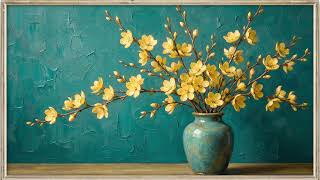 Golden Blossoms in a Turquoise Vase | Elegant Floral Art for TV | Relaxing Wall Art