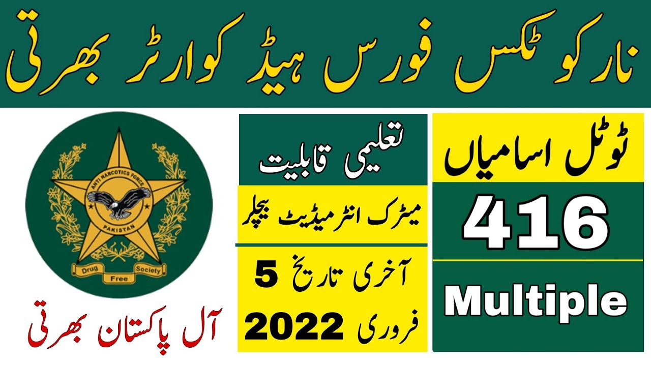 Anti Narcotics Force Headqurter Latest Jobs 2022 All Pakistan Bharti
