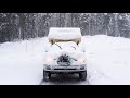 Truck camping in a snowstorm with a christmas feast