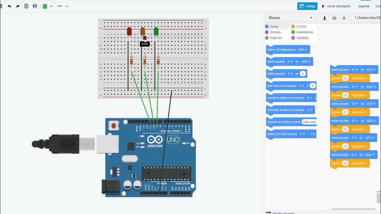 Arduino, Tinkercad: 3 leds intermitentes consecutivos - YouTube