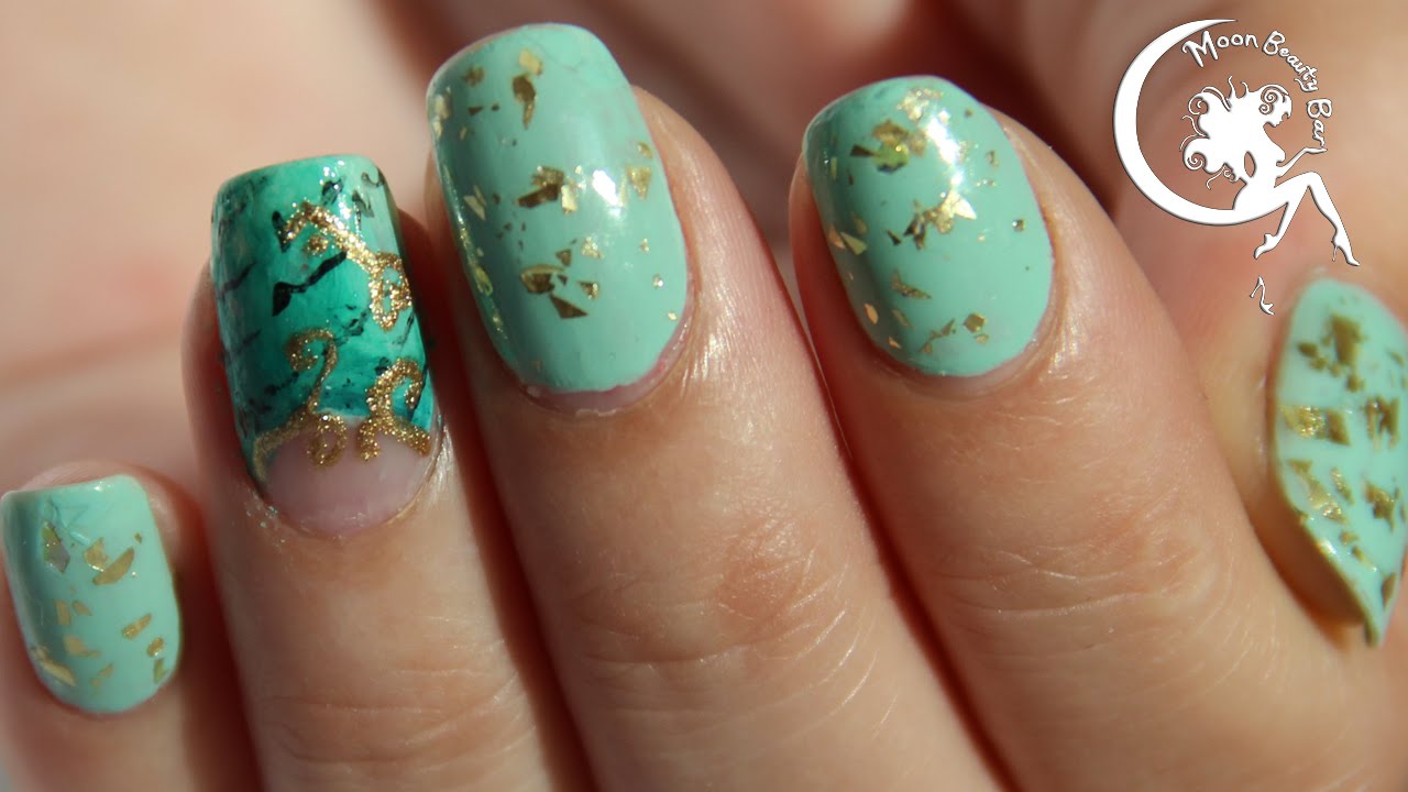 7. Mint Green and Gold Marble Nails - wide 1