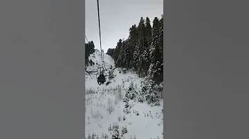 Cable car ride among pine trees in snowy weather. relaxing videos. Stress Relief.